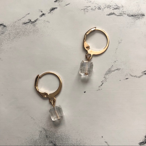 Dainty Dangle Clear Cube Hoop Drop Earrings Gold - Picture 4 of 5